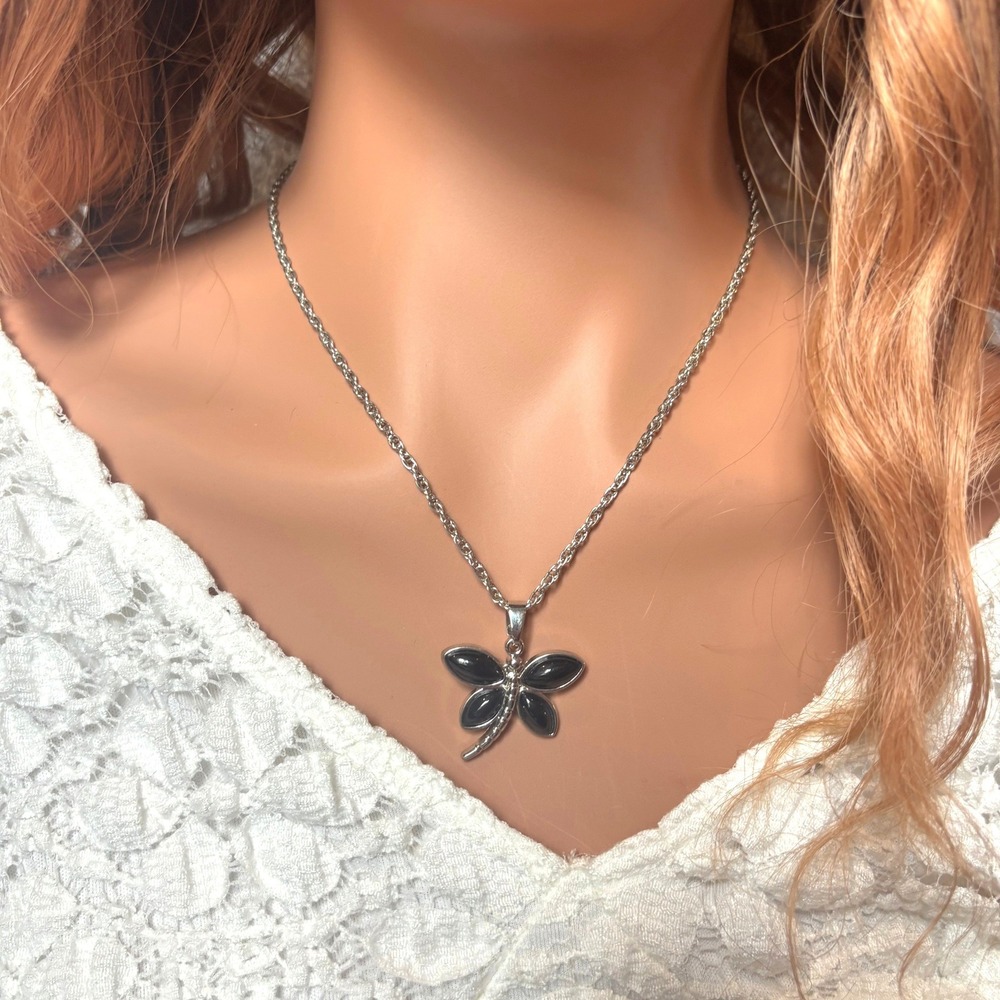 Whimsical Dragonfly Necklace Silver Tone Black Inlay Whimsigoth Fairycore 21787